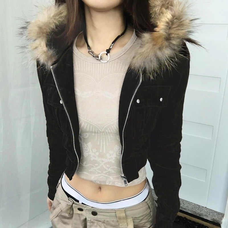 Pockets Fur Collar Short Jackets Zip Up Hoodies Coats