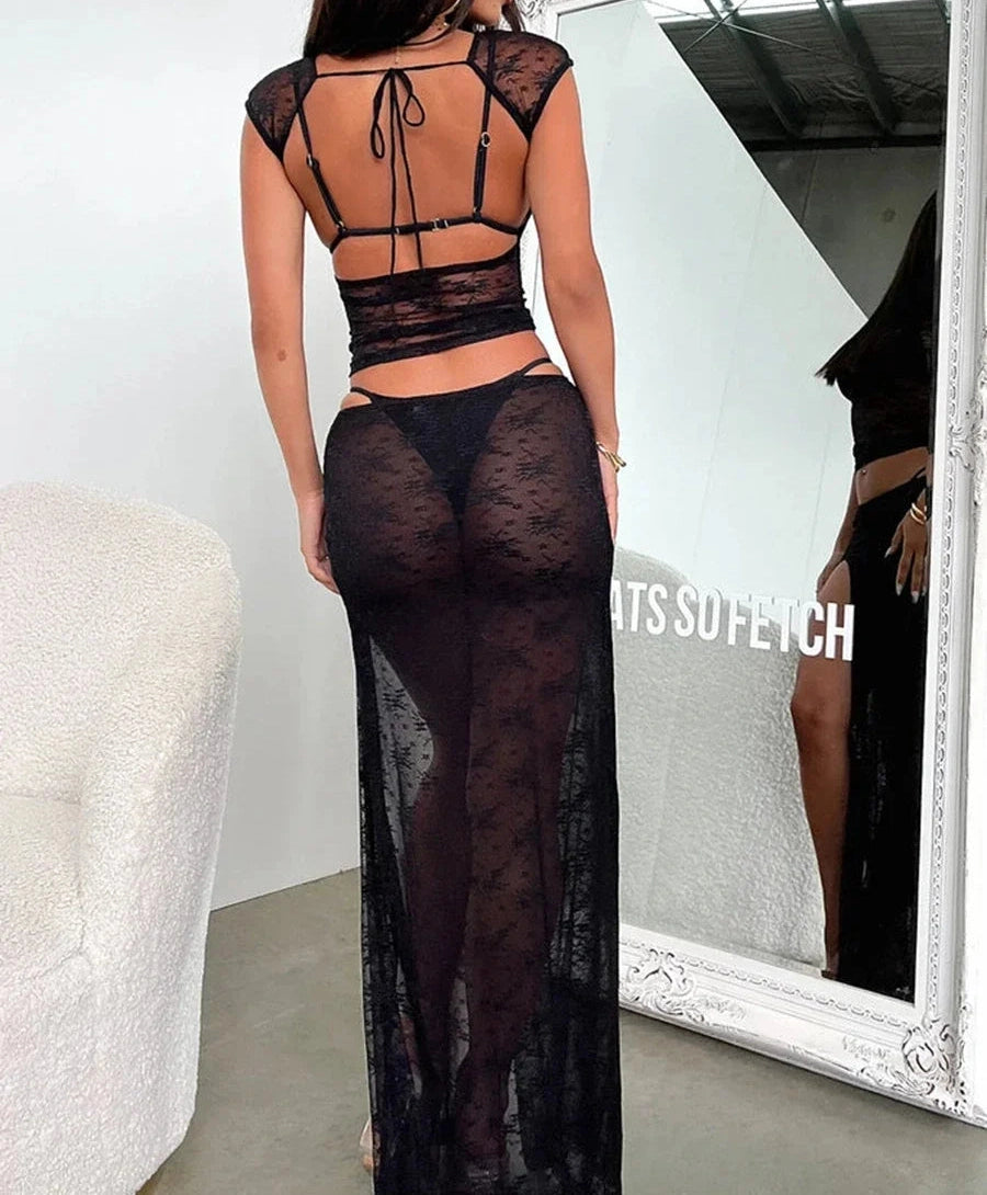 TwoPiece Lace See-through Cover Ups Set Sheer Cap Sleeve Backless Crop Top Low Waist High Slit Long Skirt