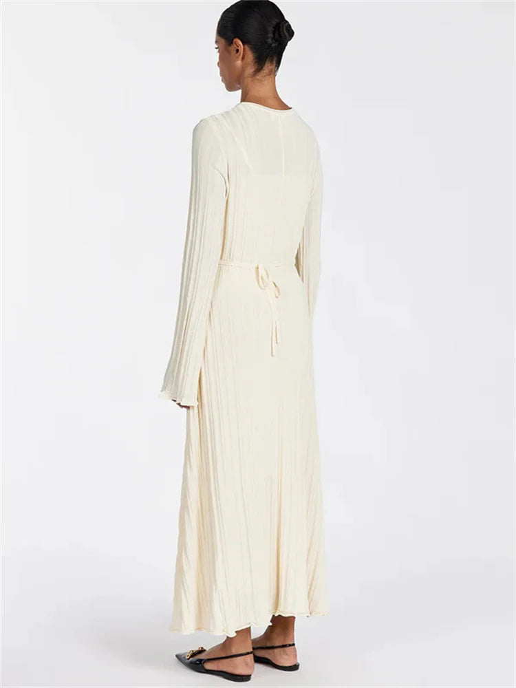 Knit Loose Maxi Dress Lace-Up High Waist Ribbed Long Sleeve Dress Knit Long Dress