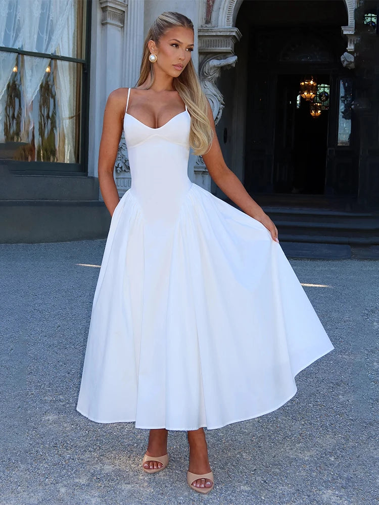 Claic Dress A-line Drap Supendency Low Neck Cleavage Maxi Bodycon
