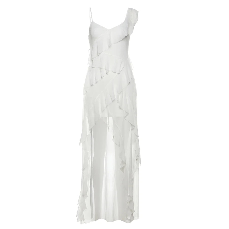 White Ruffles Long Sling Dress