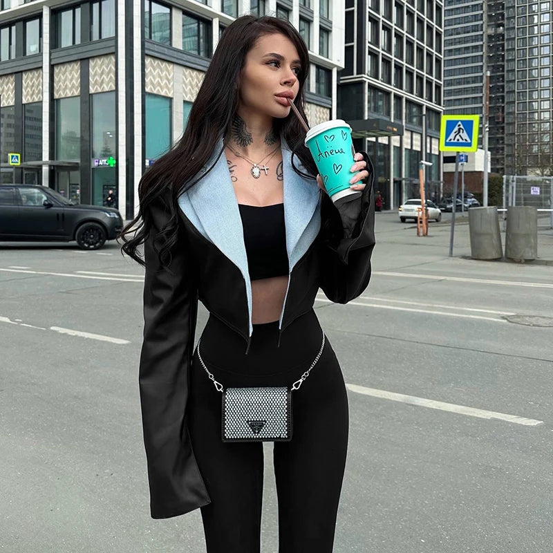 Cardigan Short Jacket Lapel Denim Leather Patchwork Suit Top Caaul