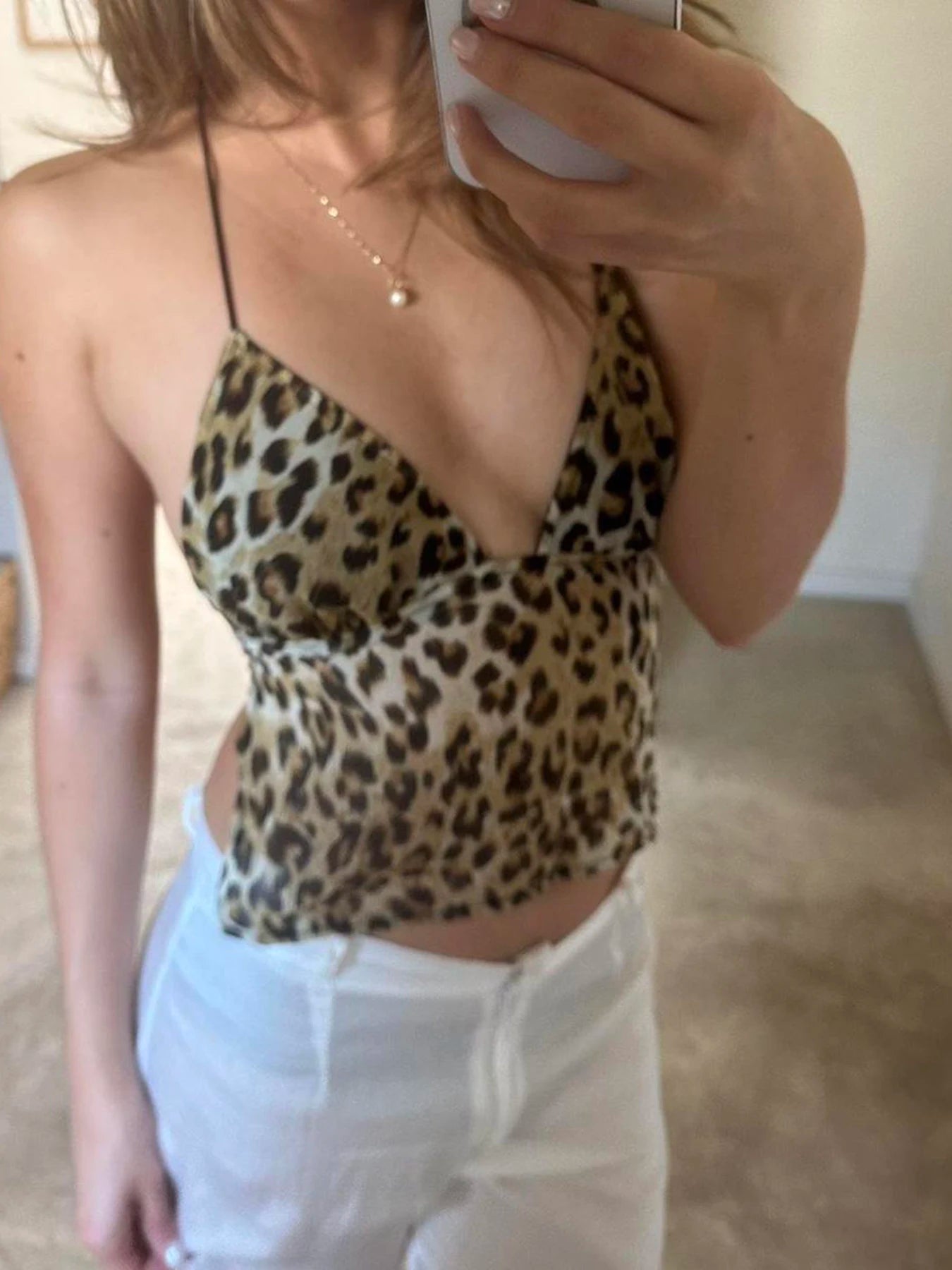 Backless Leopard Camisoles Lace-up Halter Neck