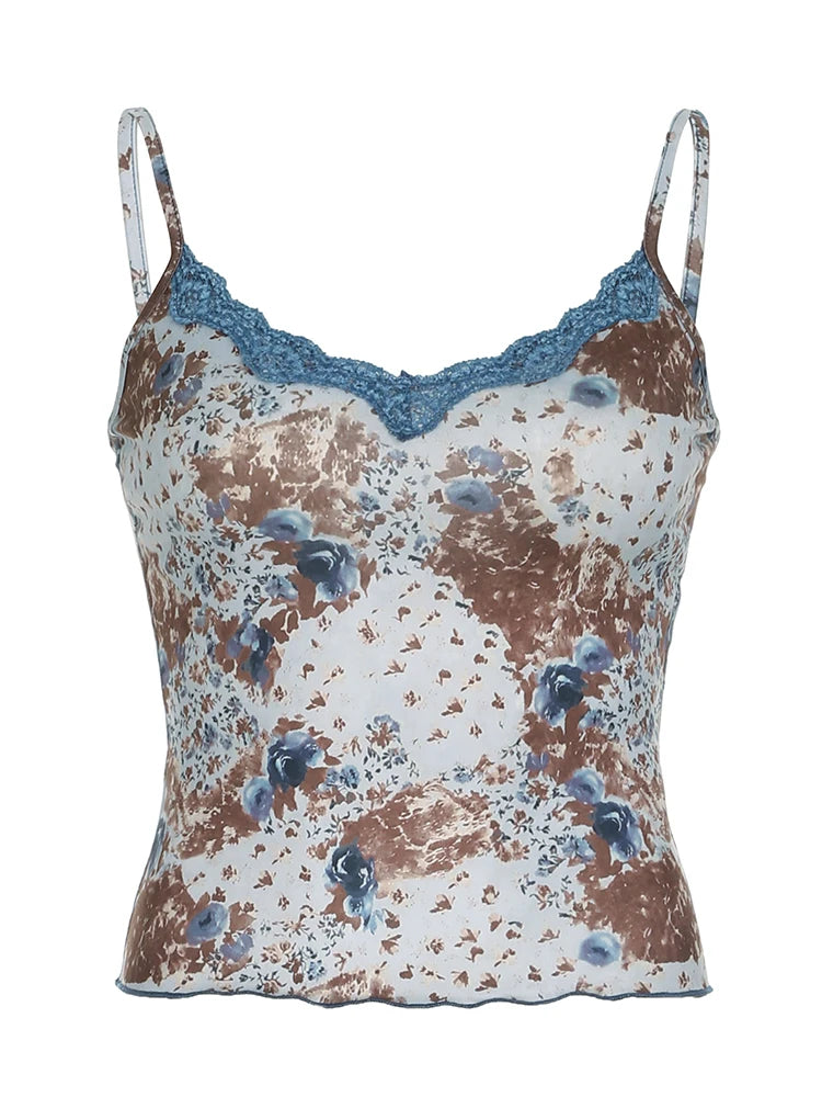 Floral Print Lace Sleeveless Camisoles Slim Backless Top