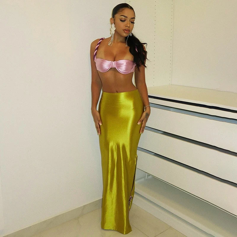 Stain Long Skirt Wait Side Split Maxi Skirt