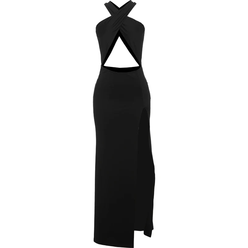 Irregular Hollow Cross Knot Maxi Dress Backless High Splits Midnight