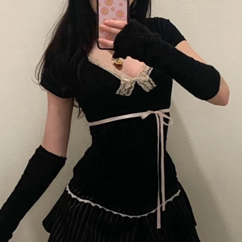 Lace Patchwork Tee Shirts Lace-up Kawaii Cropped Slim Top Tee