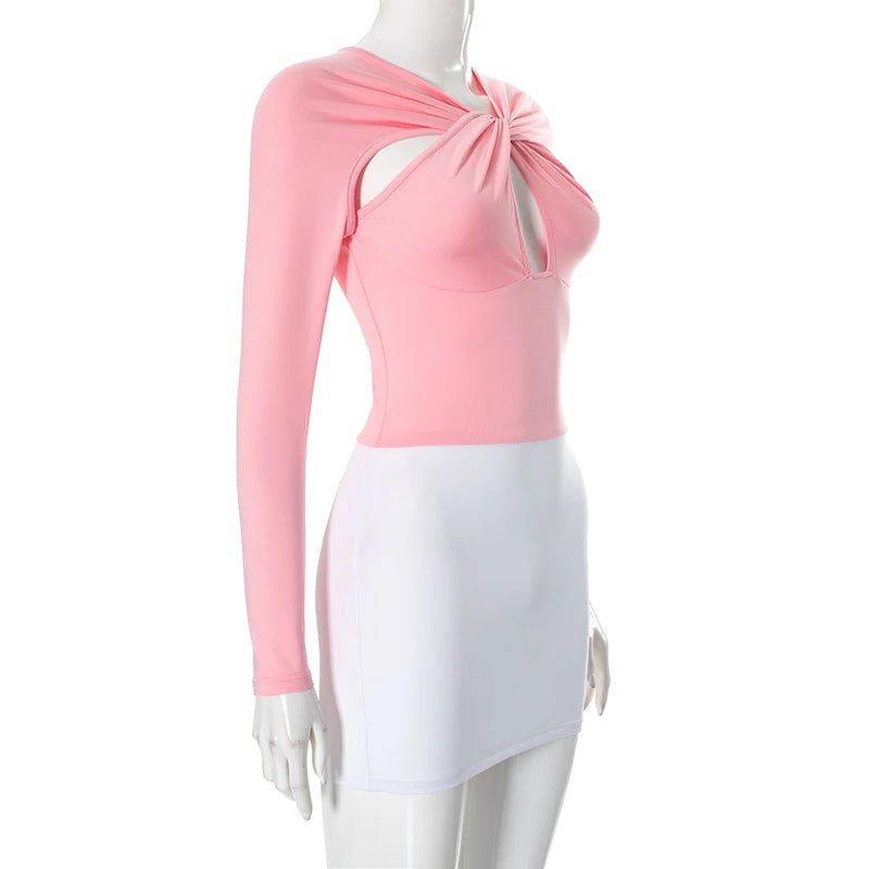 Deign Colliion Cro V-Neck Hollow Out Long Sleeve Slim Dress