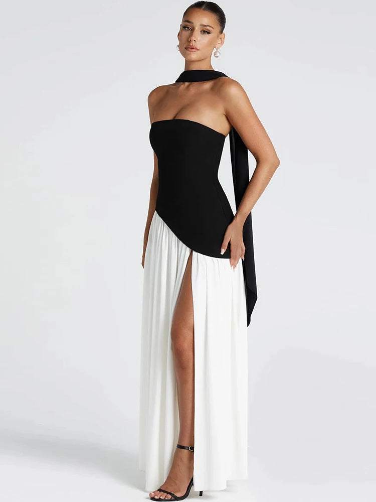Backless Patchwork Dress Draped Side Slit Ribbon Strapless Sleeveless
