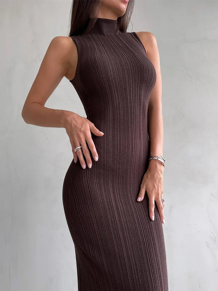 Sleeveless Knit Turtleneck Long Dress Slim Ribbed Knit Dress Maxi Dress
