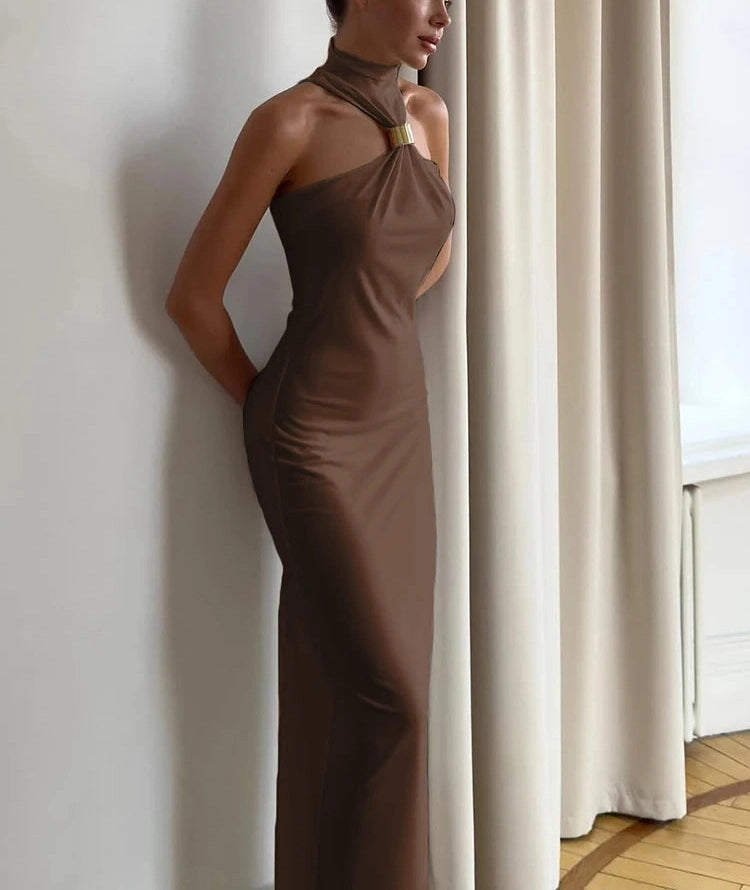 Metal Knots Dress Halter Folds Backless Sleeveless Slim Banquet Long Bodycon