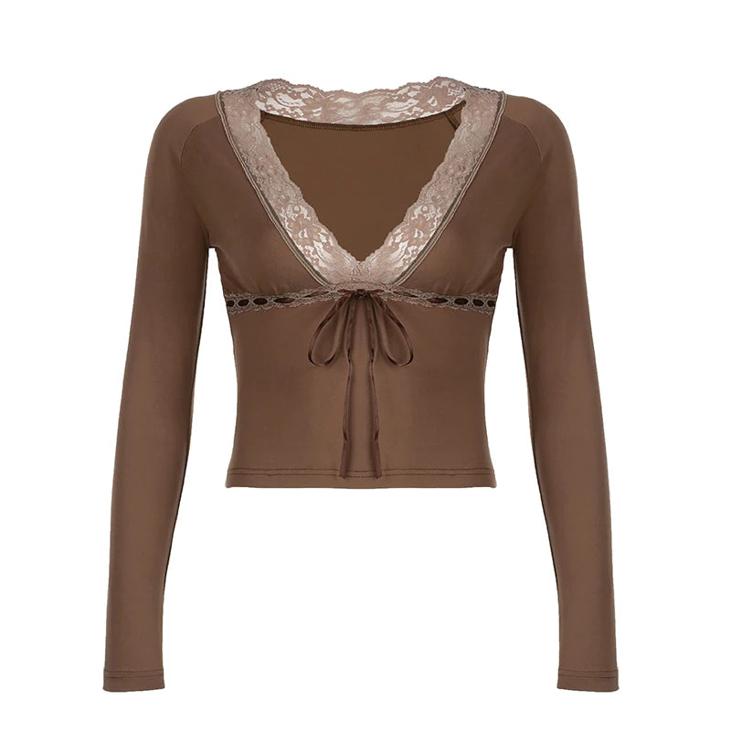 Lace Patchwork Brown T-shirts Long Sleeves Retro Top Tee
