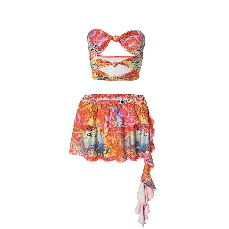 'S Floral Print Slim Set Strapless Twisted Hollow Out Tank Top Flutter Belt Short Skirt Sets