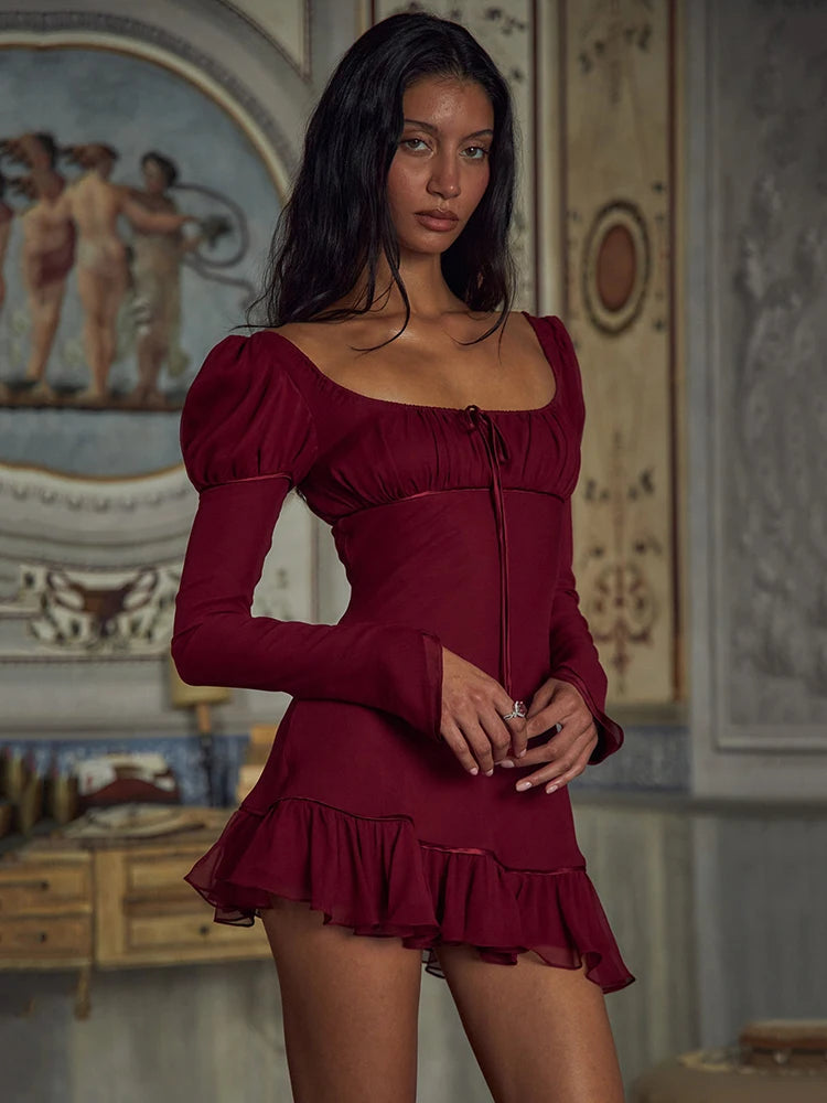 Square Collar Ruffles Chiffon Dress Long Sleeve Lace Up Dress