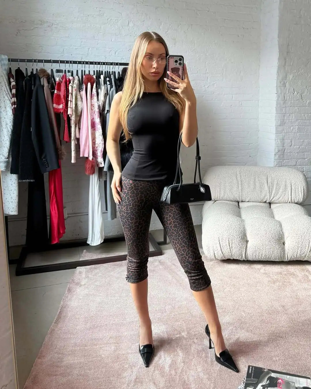 Square Neck Long Sleeved Leopard Top Cropped Pants Tight Set Two-piece Set