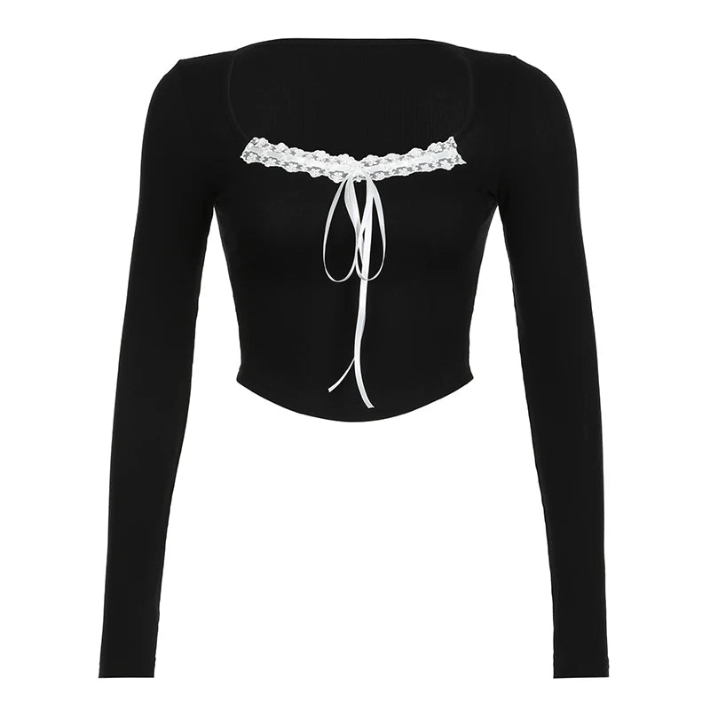 Lace-up Tshirts Square Collar Crop Top Long Sleeves Slim