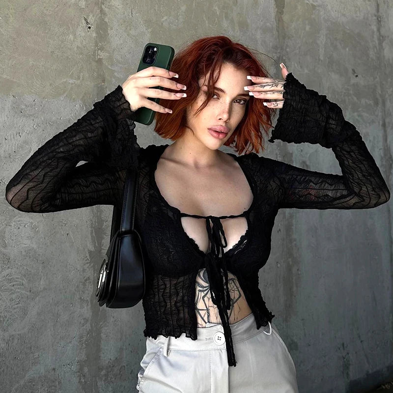 V-Neck Long Sleeve Lace-Up Slit Crop Top Wood Ear Hem Super Thin T-Shirt Caaul Cardigan