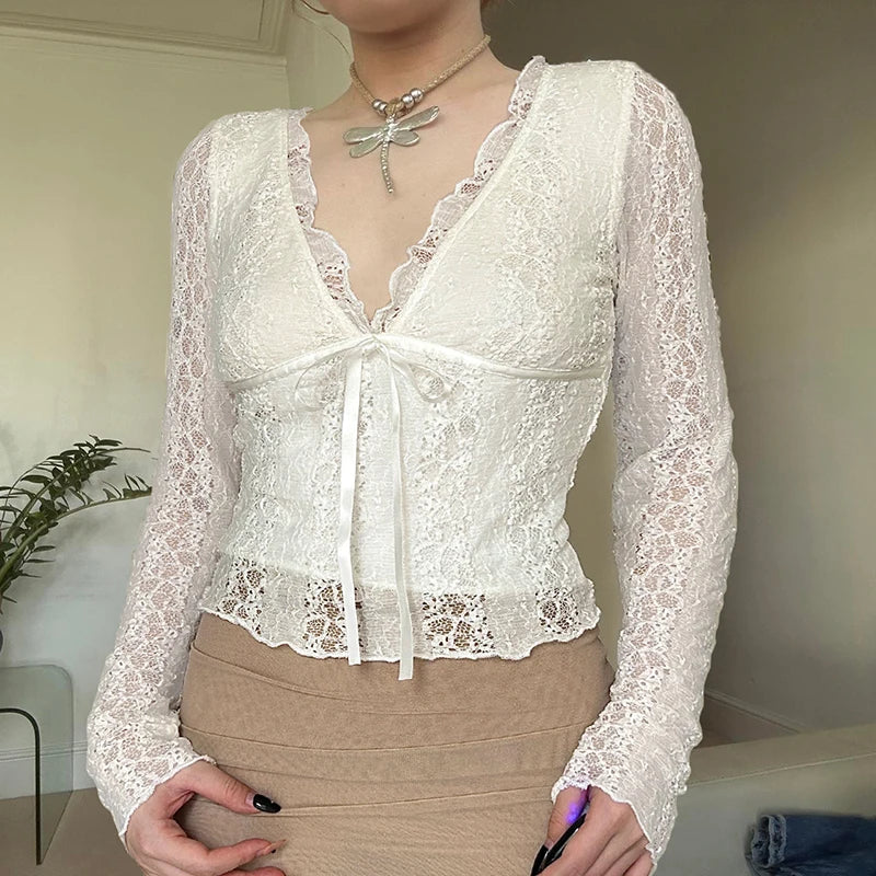 V-neck Lace Slim Tee Shirts Long Sleeves See-through Retro