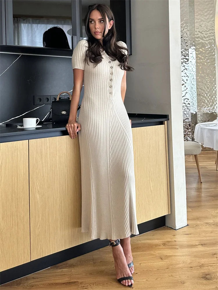 White Knit Maxi Dress Short Sleeve Patchwork Dress Lapel High Waist Knit Dress