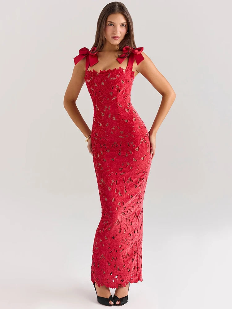 Bows Lace Maxi Dress Sleeveless Backless Bodycon Year Long Dress