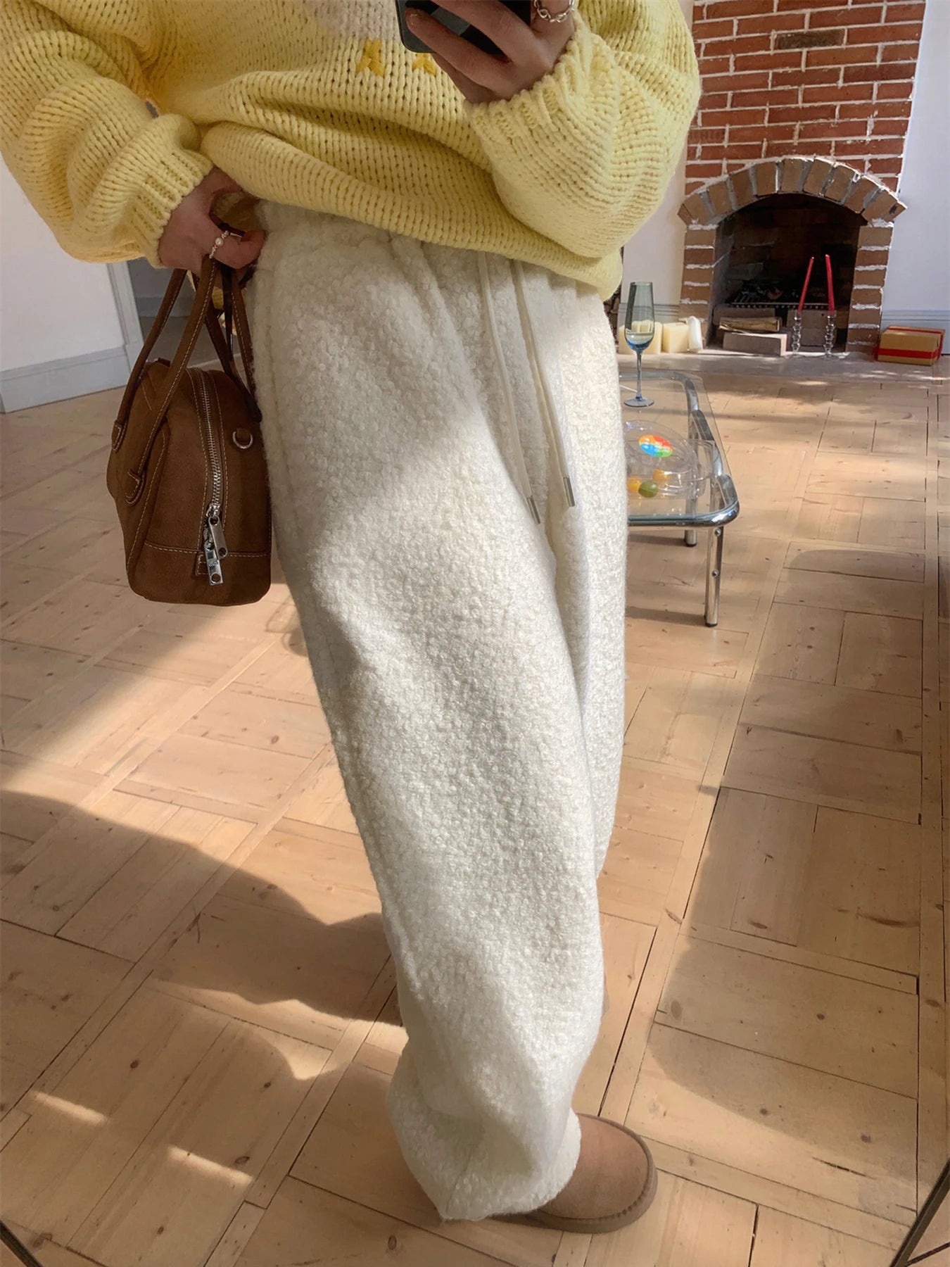 Loose Lamb Wool Trousers Drawstring Wide Leg Pants Pockets Bottoms