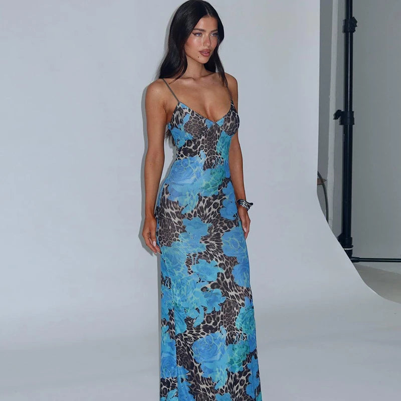 Blue V Neck Backless Bodycon Maxi Dress