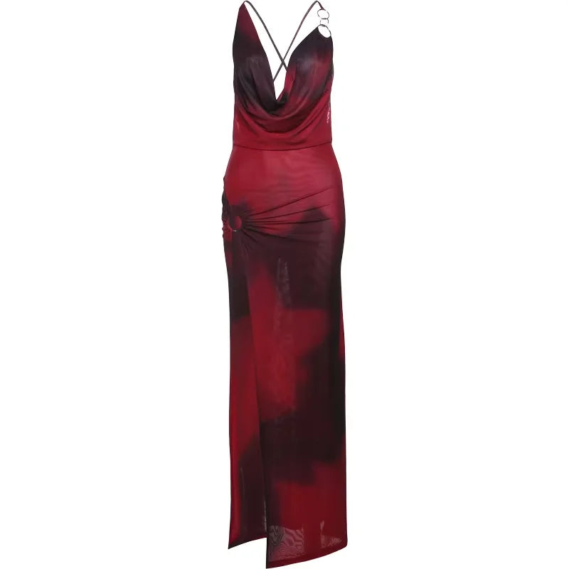Mesh Panelled Maxi Dress Thin Sheer High Split Halter V-neck Backless Straight Long Robe Wear