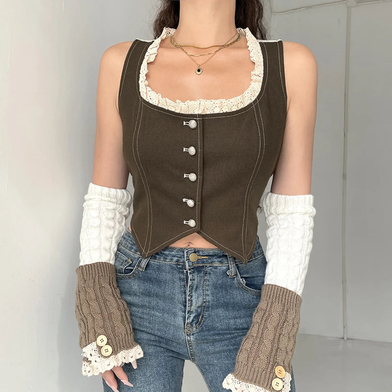 Lace Patchwork Button Up Tank Top Square Collar Sleeveless Slim