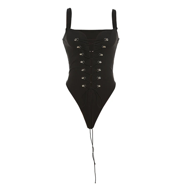Gothic Black Cri-Cro Bandag Motobike Slip Bodyuit V-Neck Elatic Slim Tight