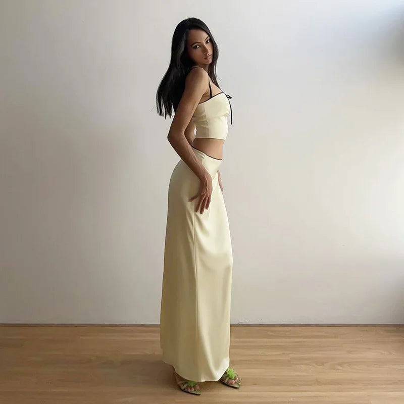 Apricot Satin Backless Crop Top and Midi Skirt Two Piece Set