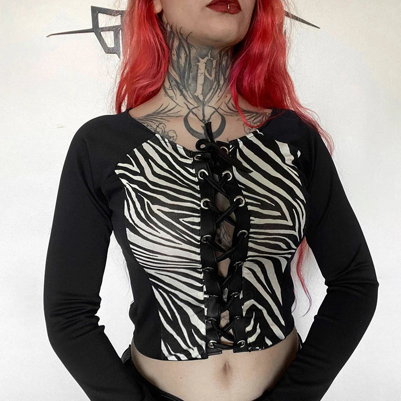 Round Neck Splicing Lace-Up Tie Skeleton Hollow Long Sleeve Top