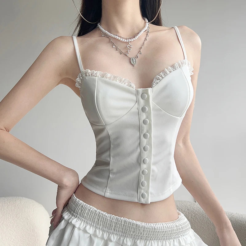 Lace Button Camisole Slim Crop Top Retract Your Waist Vest Top
