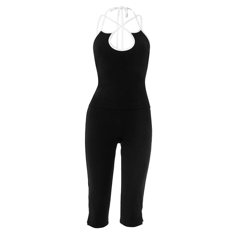 'S Spring Cross Camisole Hollow Out Backless Slim Tie Rope Camisole Top Seven Pants Set