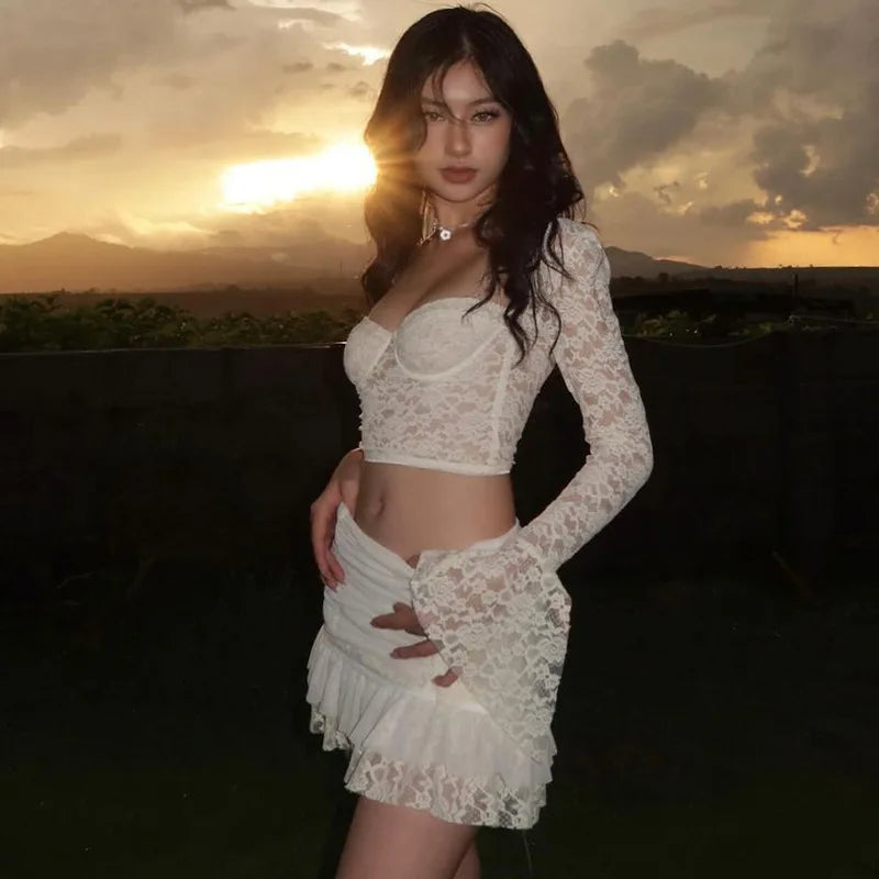 Lace See Through Top and Skirt Set