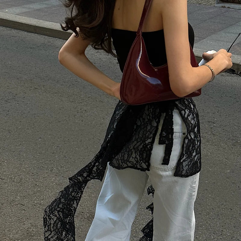 Off Shoulder Lace Ruffle Trim Backless Slim Tank Top