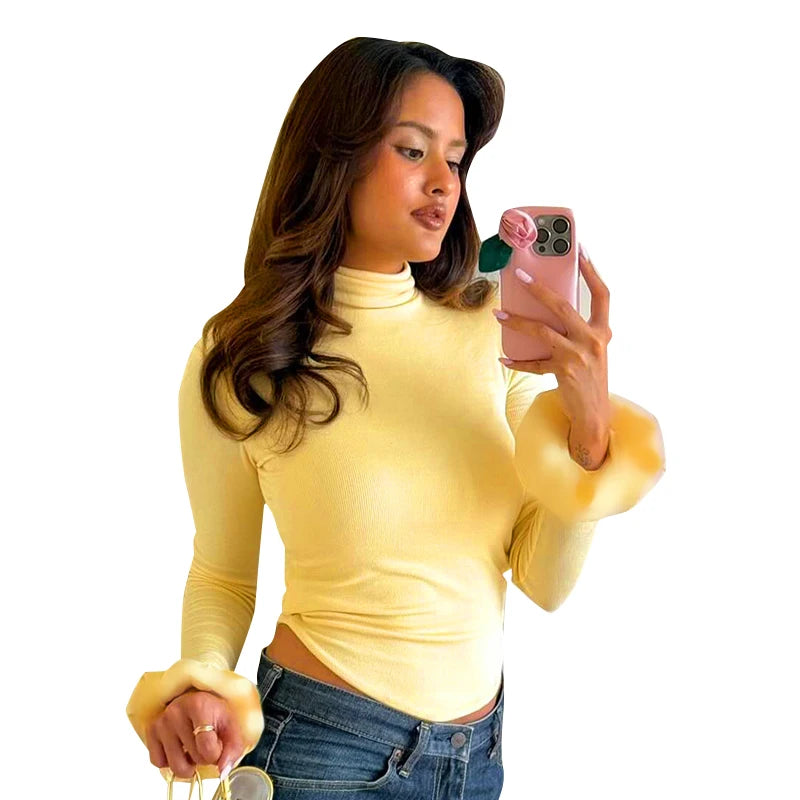 Slim Fit Half Turtleneck Crop Top Ruffl Long Sleeve T Shirt Top
