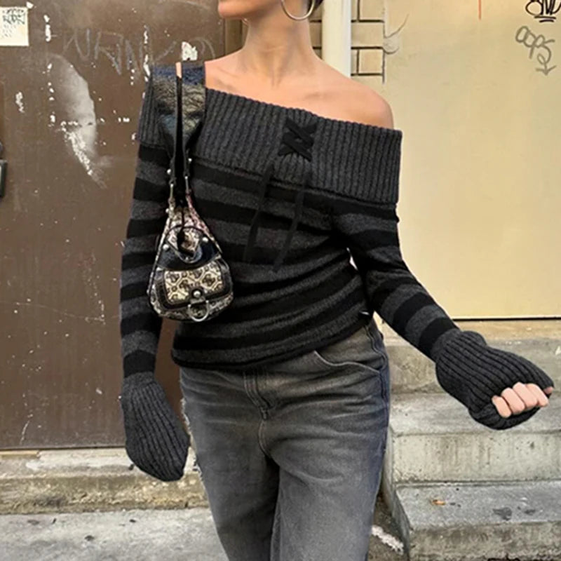 Slash Neck Striped Knitted Sweaters Patchwork Pullovers HArajuku Grunge 's Top