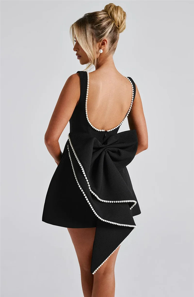Pearl Bow Backless Mini Dress Zipper Sleeveless High Waist A-line Dress