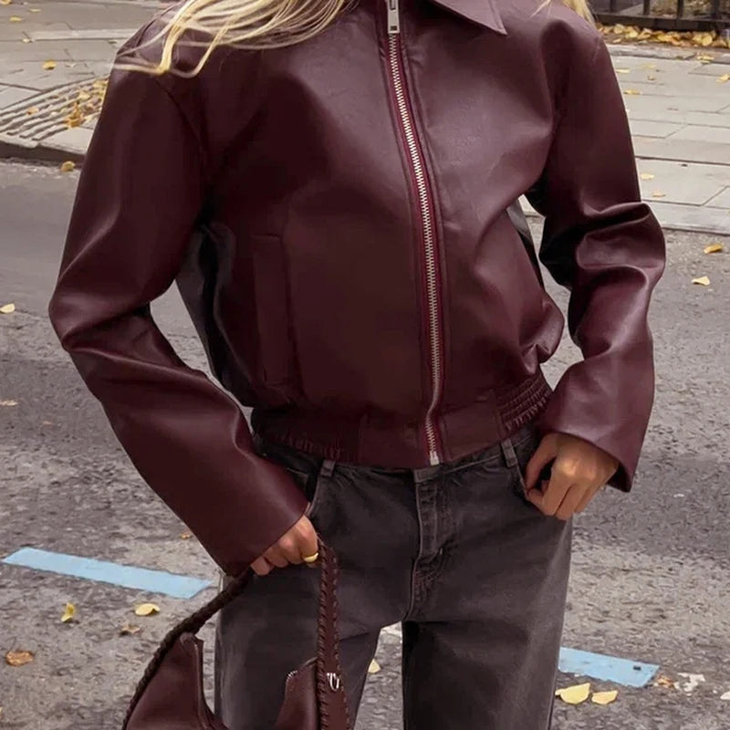 Biker Wind Leather Jacket Long-Sleev Zipper Jacket Looe Cardigan Jacket