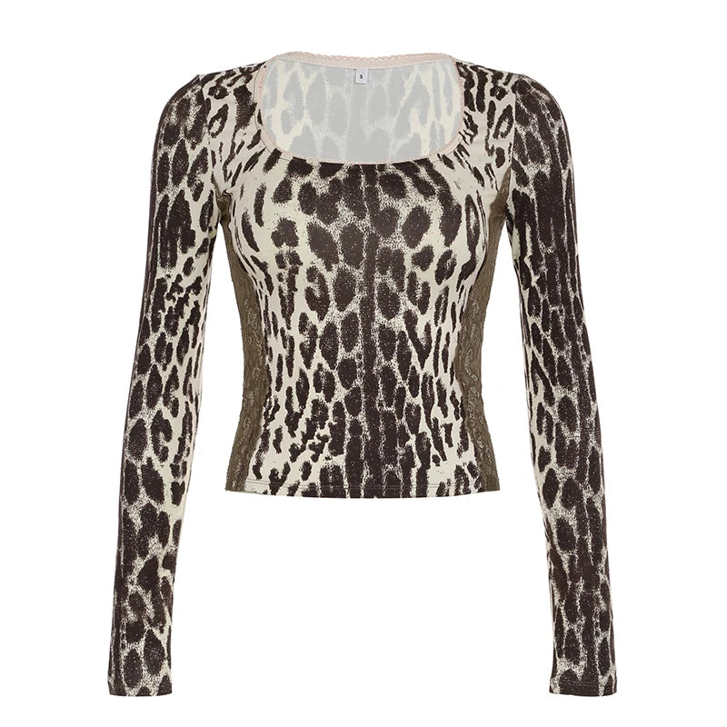 Leopard Print 's Top Tee Lace Patchwork Brown Slim Shirts Long Sleeves Crewneck
