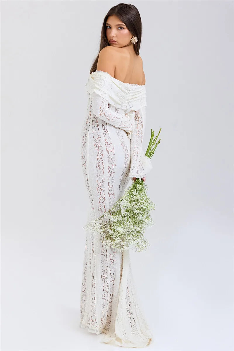 Lace Off-shoulder Maxi Dress Strapless Backless Long Sleeve Bodycon Evening Long Dress
