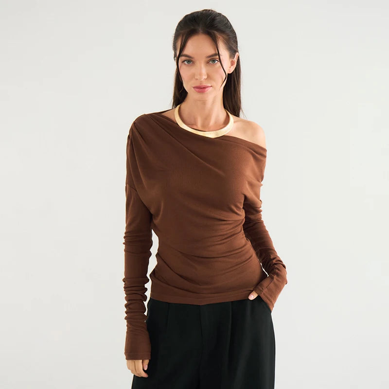 Slant Neck Off Shoulder Ruffle Wait Short Top T-Shirt Top