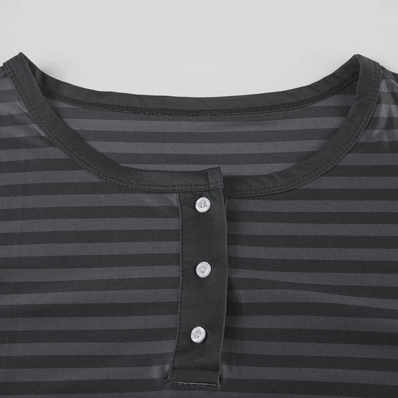 Striped Print Loose Tee Shirts Long Sleeves Botton Top