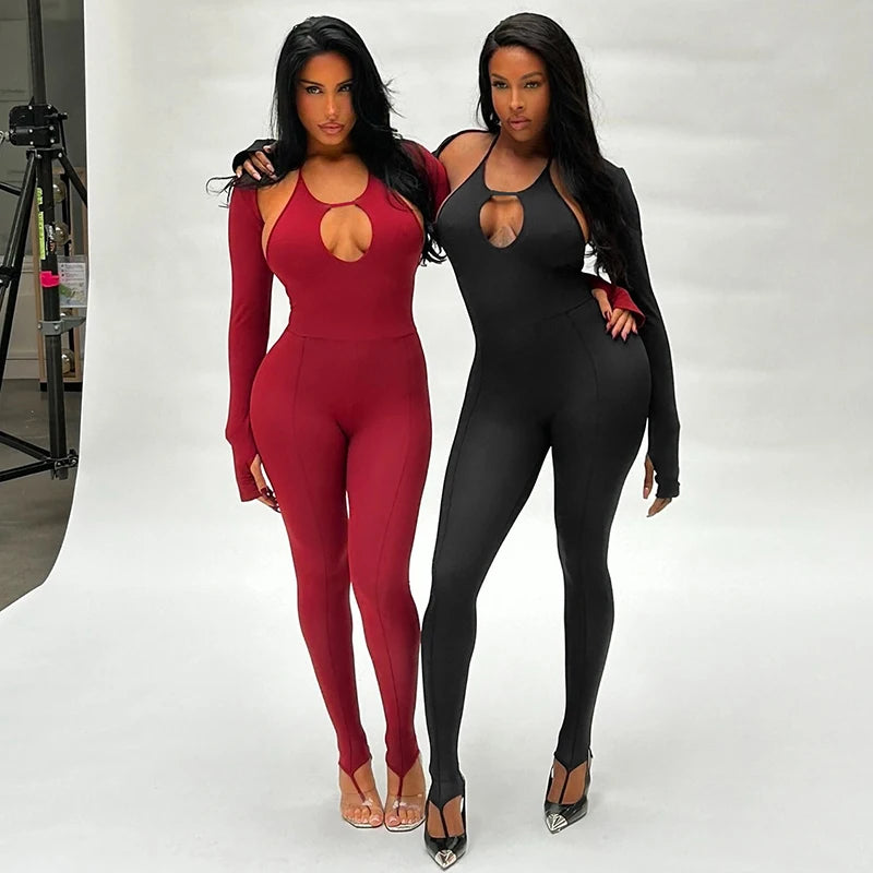 Set Tie Hanging Neck Hollow Out Trend Jumpuit Long-Sleev Short Jacket Set