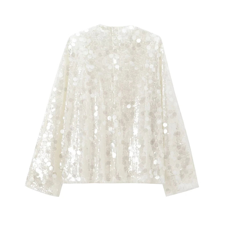 Sequin Kimono Jacket Coat Long Sleeve V Neck Loose Outer Lady Wrap