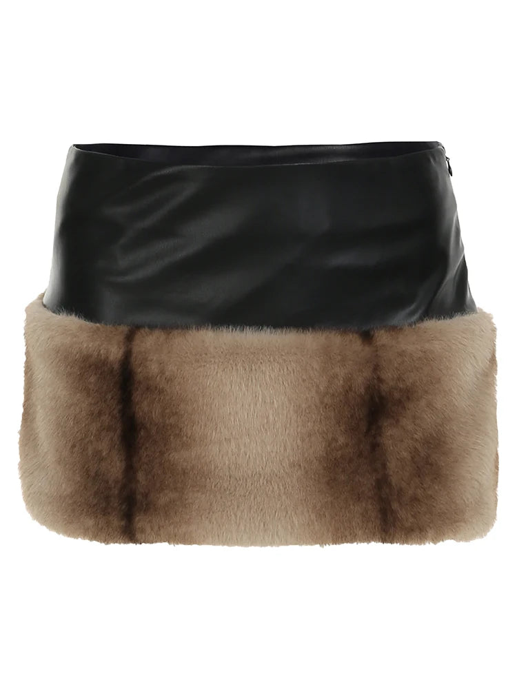 Furry Two Pieces of Sets Backless Strapless and Mini Skirts Slim PU Cloth