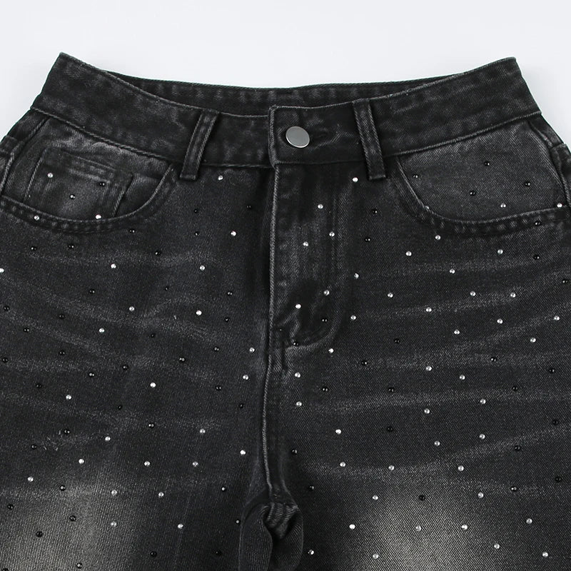 Rhinestone Loose Jeans Low Waisted Pockets Zipper Pants Bottoms