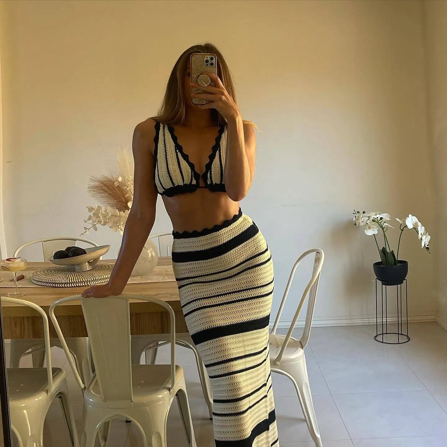 Knit Striped 2 Piece-Set Long Skirt Ruffled V-Neck Contrast Knit Maxi Skirt Sets