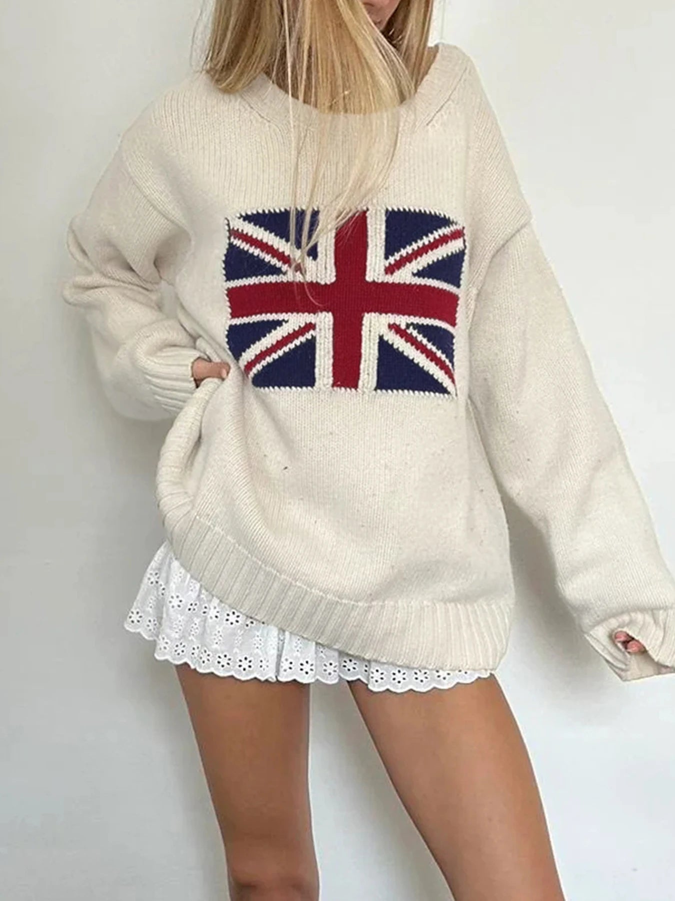Graphic Patchwork Knitted Sweaters Crewneck Loose Crochet Top Pullovers