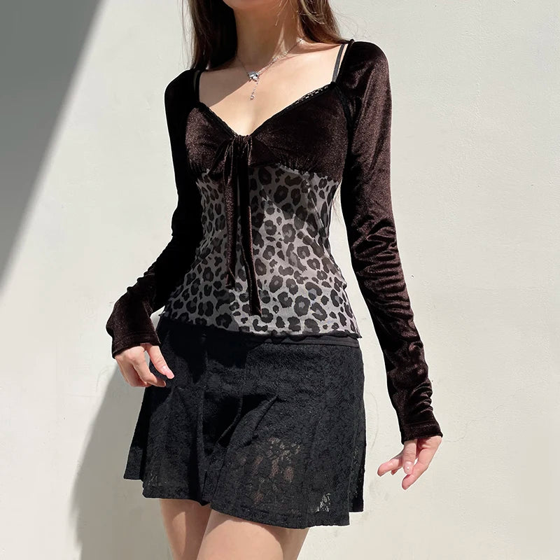 Lace Patchwork Leopard print T-shirts Lace-up Long Sleeves Strap Retro Top